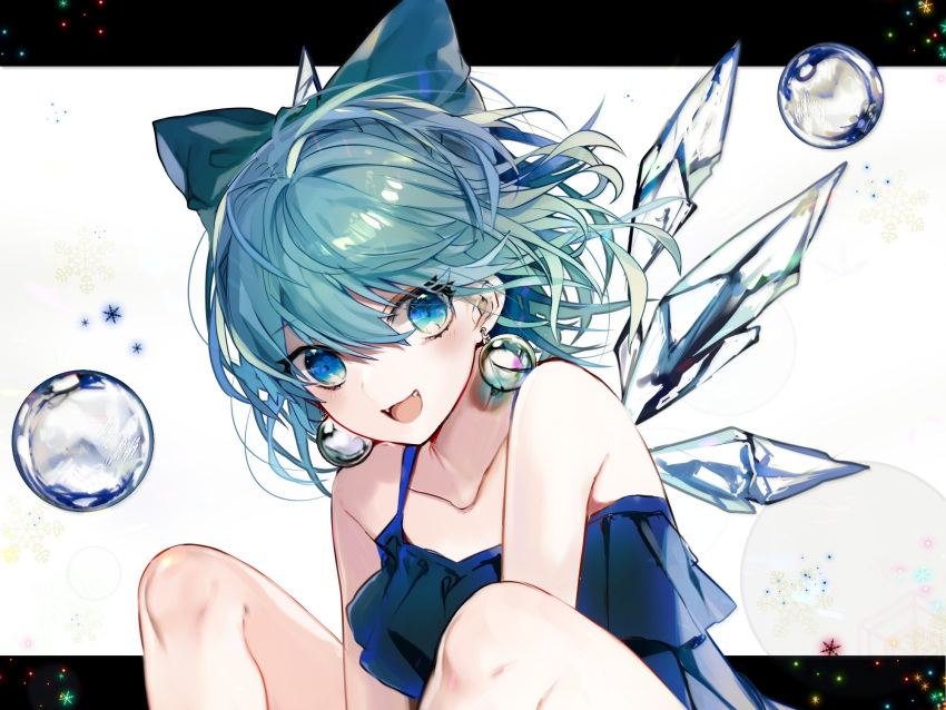1girl :d alternate_costume bare_arms bare_shoulders blue_bow blue_eyes blue_hair bow bubble cirno collarbone commentary daimaou_ruaeru earrings eyebrows_visible_through_hair fang hair_between_eyes hair_bow highres ice ice_wings jewelry knees_up letterboxed open_mouth short_hair sitting smile solo touhou wings