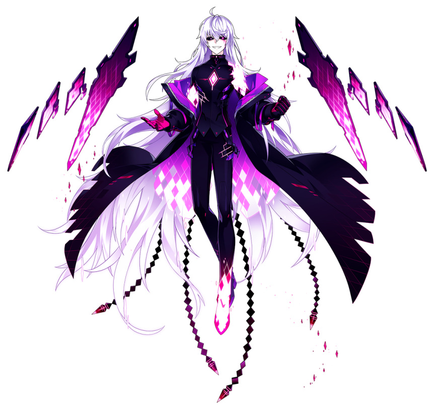 1boy add_(elsword) argyle artist_request black_bodysuit black_coat black_sclera bodysuit clenched_hand elsword evil_smile full_body gloves long_hair looking_at_viewer mad_paradox_(elsword) male_focus official_art purple_gloves smile solo very_long_hair violet_eyes white_hair