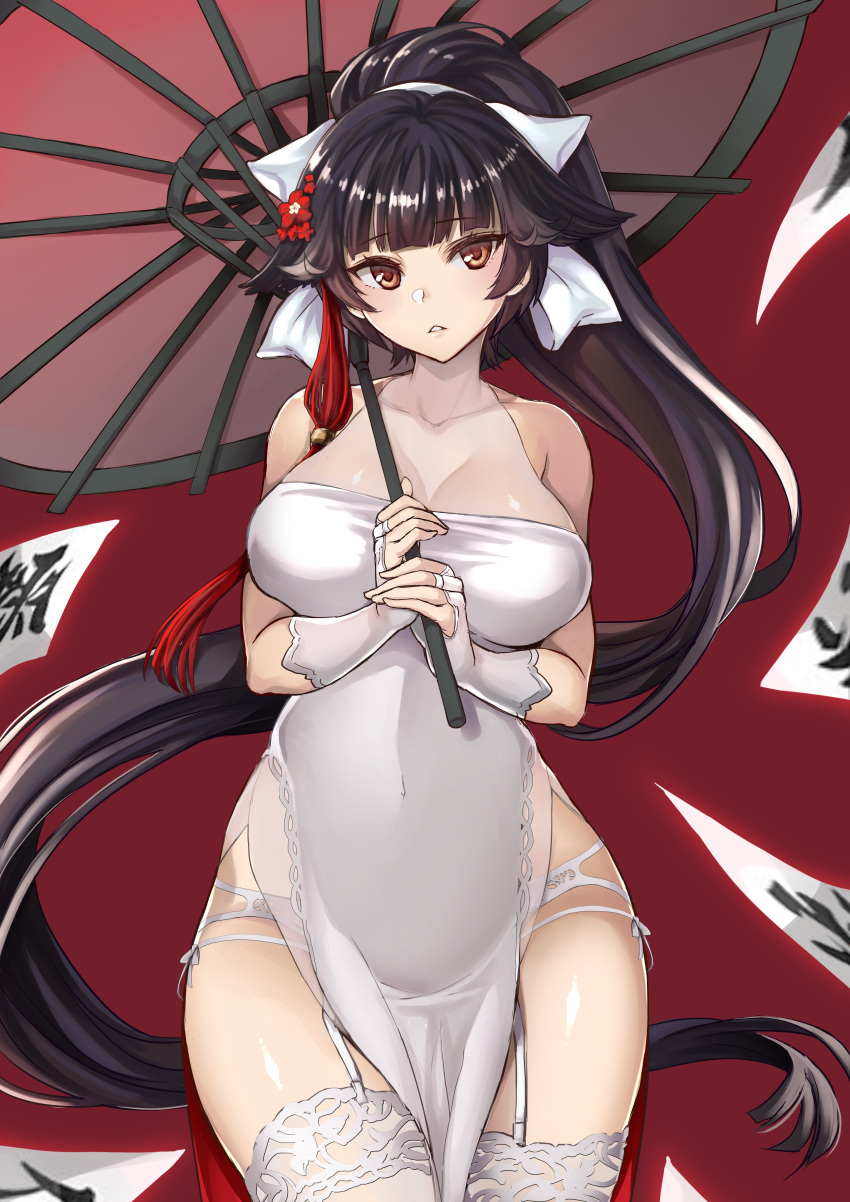 1girl absurdres azur_lane bangs black_hair blunt_bangs bow breasts bridal_gauntlets brown_eyes cleavage covered_navel cowboy_shot dress eyebrows_visible_through_hair fingerless_gloves flower garter_belt gloves hair_bow hair_flaps hair_flower hair_ornament halter_top halterneck highres kaorihero large_breasts long_hair looking_at_viewer oriental_umbrella own_hands_together panties parted_lips pelvic_curtain ponytail see-through side-tie_panties side_slit solo string_panties takao_(azur_lane) thigh-highs triangle_mouth umbrella underwear very_long_hair white_dress white_gloves white_legwear