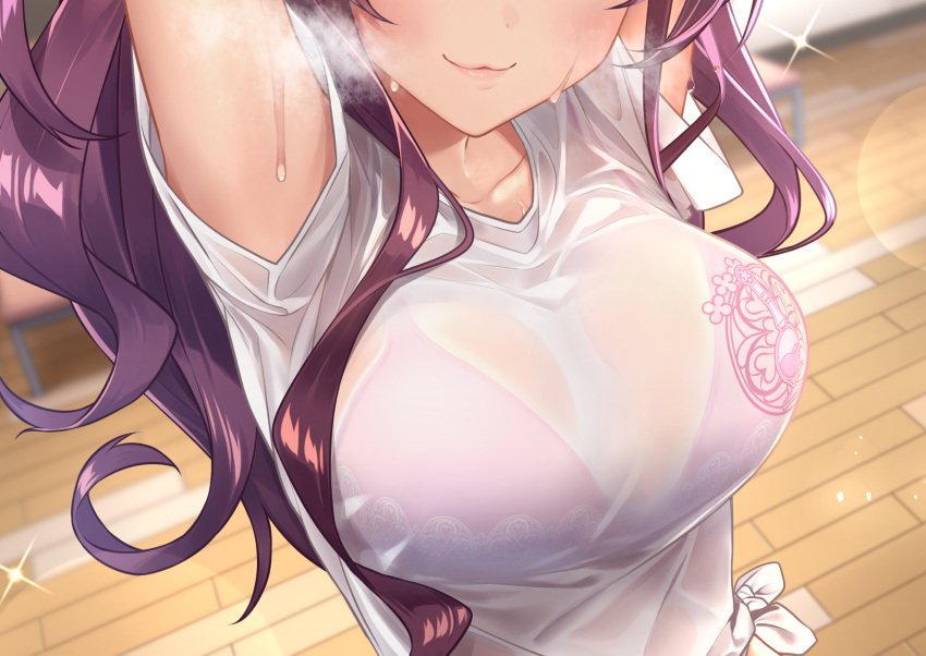 1girl :3 arms_up baffu blurry blush bra bra_through_clothes breasts closed_mouth collarbone depth_of_field emblem facing_viewer head_out_of_frame highres ichinose_shiki idolmaster idolmaster_cinderella_girls indoors large_breasts lips long_hair pink_bra purple_hair see-through shirt short_sleeves sparkle steaming_body sweat tied_shirt underwear wet wet_clothes wet_shirt white_shirt wooden_floor
