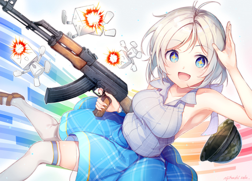 akm armpits blue_eyes dennou_shoujo_youtuber_shiro helmet looking_at_viewer open_mouth salute shiro_(dennou_shoujo_youtuber_shiro) shiro_(mononobe_koshoten_kaikitan) silver_hair skirt sleeveless smile sora_from_france sparkling_eyes thigh-highs virtual_youtuber