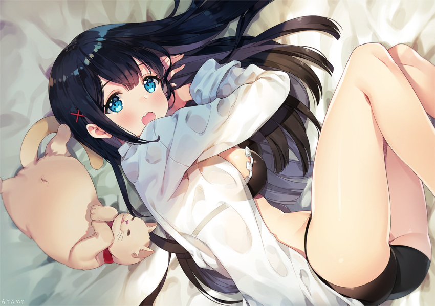 1girl ass ayami bangs bed_sheet black_hair black_panties blue_eyes blush breasts cat cute eyebrows_visible_through_hair fang hair_between_eyes hair_ornament long_hair looking_at_viewer lying open_clothes open_mouth open_shirt original panties see-through shirt solo underwear white_shirt x_hair_ornament