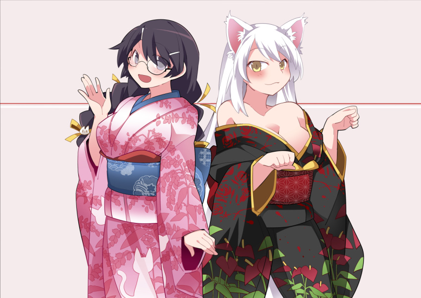 2girls :3 animal_ears bakemonogatari bare_shoulders black_hair black_hanekawa black_kimono blush braid breasts cat_ears cat_hair_ornament cleavage dual_persona glasses hair_ornament hairclip hammer_(sunset_beach) hanekawa_tsubasa japanese_clothes kimono large_breasts long_hair monogatari_(series) multiple_girls open_mouth paw_pose pink_kimono slit_pupils twin_braids very_long_hair violet_eyes white_hair yellow_eyes