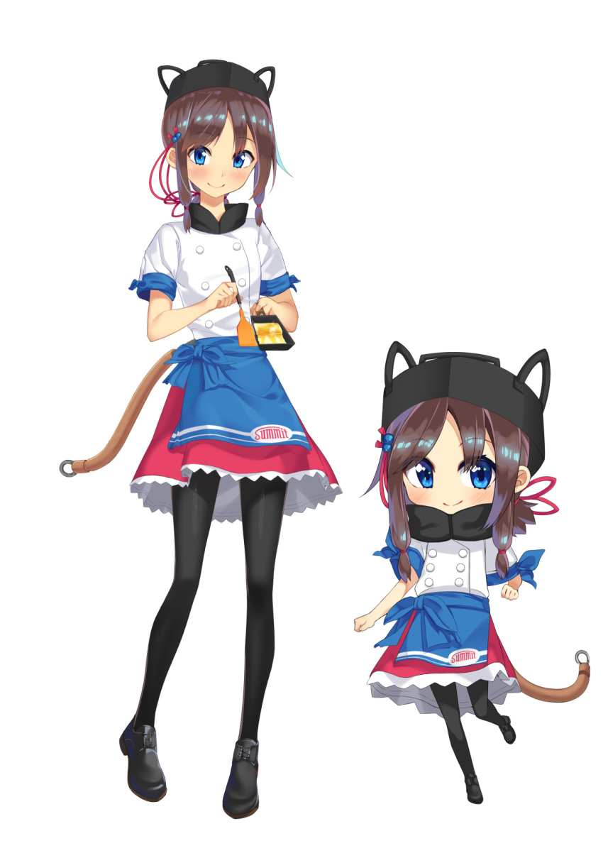 1girl animal_ears animal_hat apron bangs black_footwear black_hat black_legwear blue_apron blue_bow blue_eyes blush bow brown_hair cat_ears cat_hat chibi closed_mouth commentary_request eyebrows_visible_through_hair haru_to_neru_(act_partner) hat highres holding long_hair looking_at_viewer low_ponytail multiple_views original pantyhose personification ponytail red_skirt shirt shoes short_sleeves sidelocks skirt smile standing standing_on_one_leg tail white_shirt