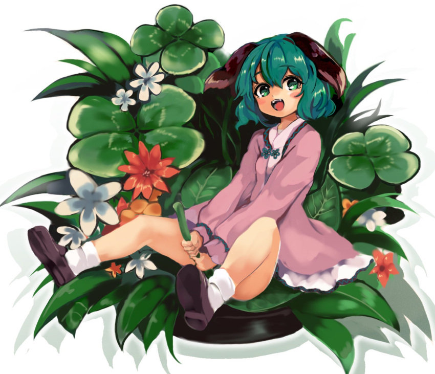 1girl ameyu_(rapon) animal_ears clover commentary dog_ears dress flower flower_request four-leaf_clover grass green_eyes green_hair highres jasmine_(flower) kasodani_kyouko leaf long_sleeves looking_at_viewer open_mouth pink_dress shoes short_hair sitting socks solo teeth tongue touhou white_legwear