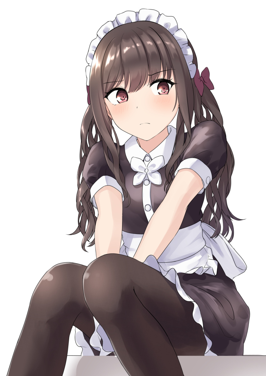 1girl apron arms_between_legs black_legwear blush bow brown_dress brown_eyes brown_hair brown_legwear dress eyebrows_visible_through_hair frills frown hair_bow highres long_hair looking_to_the_side maid maid_apron maid_headdress minagiku original pantyhose puffy_sleeves simple_background sitting solo v_arms waist_apron white_background