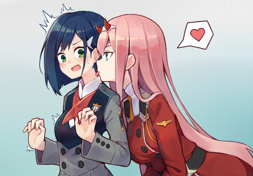 2girls bangs belt blue_eyes blue_hair blush darling_in_the_franxx dianche_miao_(18826) green_eyes hair_ornament hairband hairclip heart highres horns ichigo_(darling_in_the_franxx) licking long_hair looking_at_another medal military military_uniform multiple_girls neck_licking open_mouth pink_hair saliva saliva_trail short_hair spoken_heart startled sweatdrop tongue tongue_out uniform very_long_hair wavy_mouth yuri zero_two_(darling_in_the_franxx)