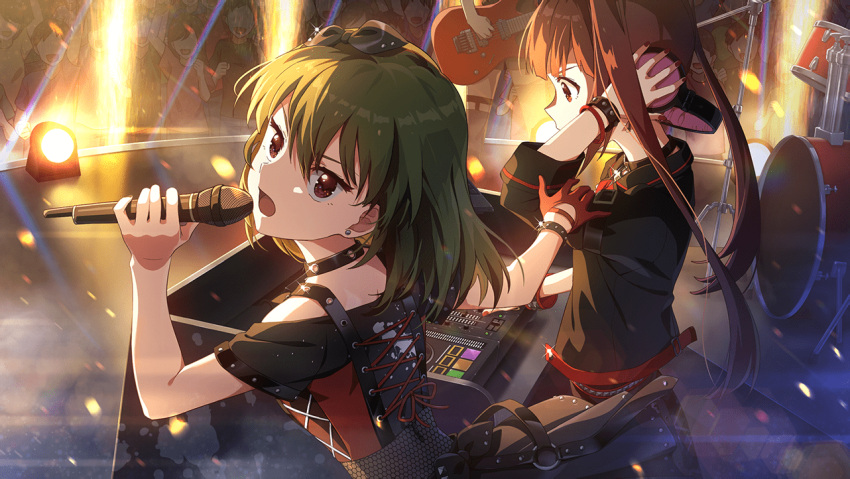 brown_eyes dress green_hair idolmaster_million_live!_theater_days long_hair matsuda_arisa nagayoshi_subaru red_eyes short_hair