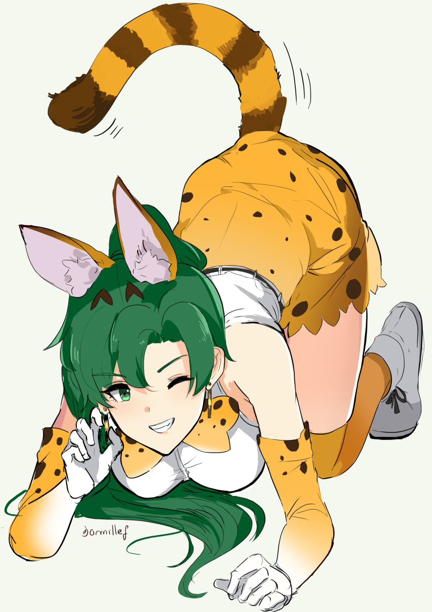 1girl absurdres animal_ears blush bow bowtie cosplay dotentity elbow_gloves fire_emblem fire_emblem:_rekka_no_ken gloves green_eyes green_hair high_ponytail highres kemono_friends long_hair looking_at_viewer lyndis_(fire_emblem) ponytail serval_(kemono_friends) serval_(kemono_friends)_(cosplay) serval_ears serval_print serval_tail shirt simple_background skirt sleeveless smile solo tail