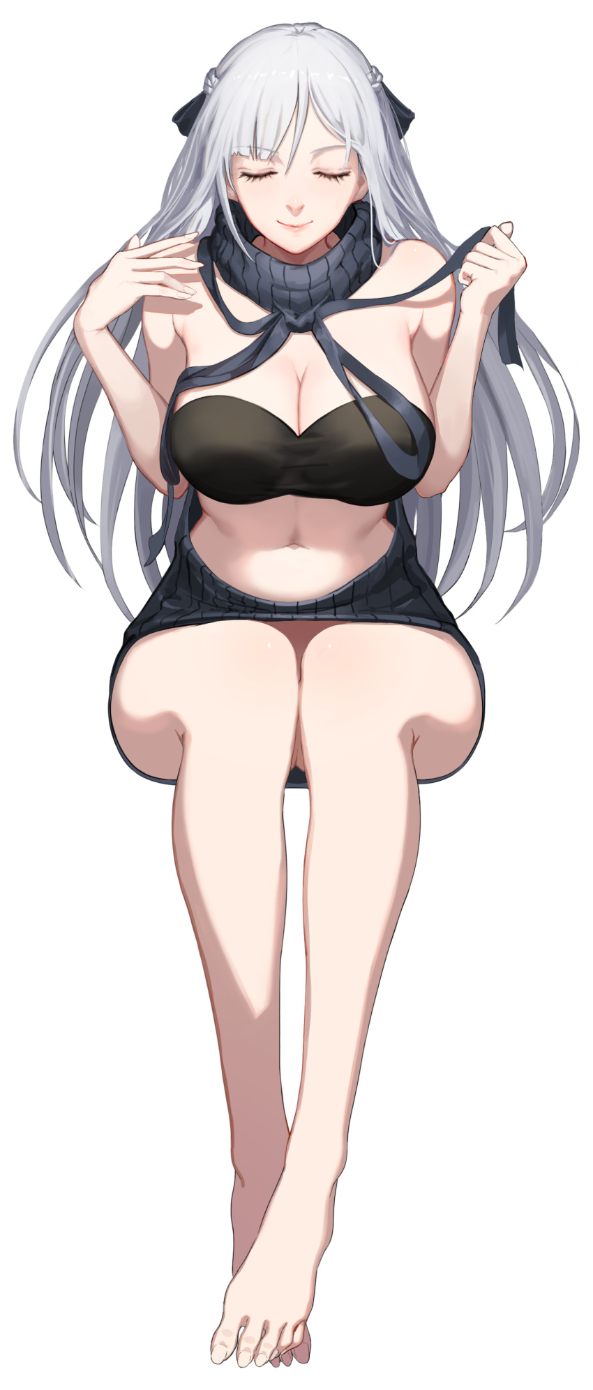 1girl absurdres ak-12_(girls_frontline) alternate_costume bangs bare_arms bare_legs bare_shoulders barefoot black_bow black_bra bow bra braid breasts cleavage closed_eyes eyebrows_visible_through_hair feet girls_frontline greem_bang hair_between_eyes hair_bow hands_up highres holding_clothes large_breasts legs_together meme_attire navel sidelocks simple_background sitting smile stomach thighs toes underwear virgin_killer_sweater white_background white_hair