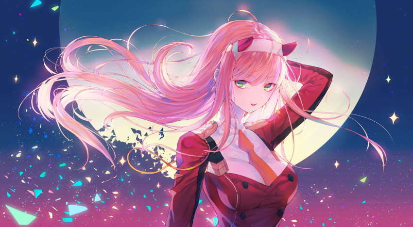 1girl arm_behind_head bangs breasts darling_in_the_franxx dissolving ekh eyebrows_visible_through_hair fang floating_hair full_moon green_eyes hairband highres horns large_breasts long_hair looking_at_viewer military military_uniform moon open_mouth pink_hair solo uniform upper_body very_long_hair wind zero_two_(darling_in_the_franxx)