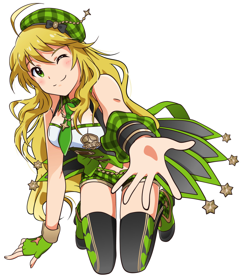 1girl ;) absurdres ahoge akizuki_ritchan arm_support asymmetrical_gloves black_legwear blonde_hair breasts choker full_body gloves green_eyes green_gloves green_hat green_neckwear hair_between_eyes hat highres hoshii_miki idolmaster idolmaster_(classic) kneeling long_hair medium_breasts necktie one_eye_closed short_shorts shorts sleeveless smile solo striped striped_shorts thigh-highs transparent_background very_long_hair wrist_cuffs