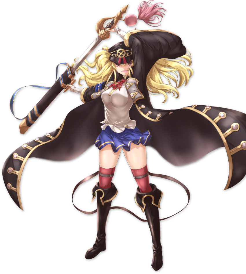 1girl absurdres blonde_hair boots breasts granblue_fantasy hat highres long_hair monica_(granblue_fantasy) open_mouth peaked_cap red_legwear sakaokasan school_uniform simple_background skirt solo sword thigh-highs weapon