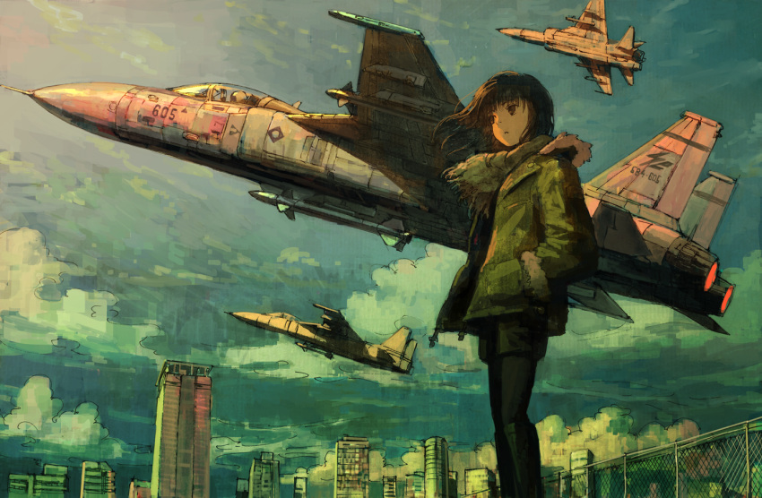 1girl aircraft airplane black_eyes black_hair blue_sky building calligraphy_brush_(medium) chain-link_fence city clouds coat fence fur_trim hands_in_pockets hood hooded_jacket jacket long_hair millipen_(medium) original scarf sky tokunaga_akimasa traditional_media