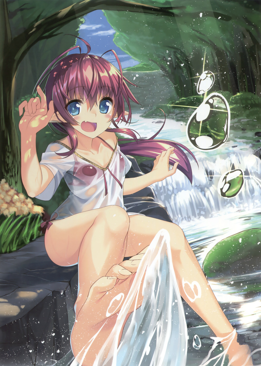 1girl absurdres barefoot bikini blue_eyes breasts brown_hair cleavage collarbone eyebrows eyebrows_visible_through_hair feet foreshortening forest hair_between_eyes highres long_hair looking_at_viewer nature open_mouth original outdoors pointy_ears ponytail red_bikini scan see-through shirt small_breasts soles solo swimsuit taletale toes water wet wet_clothes wet_shirt white_shirt
