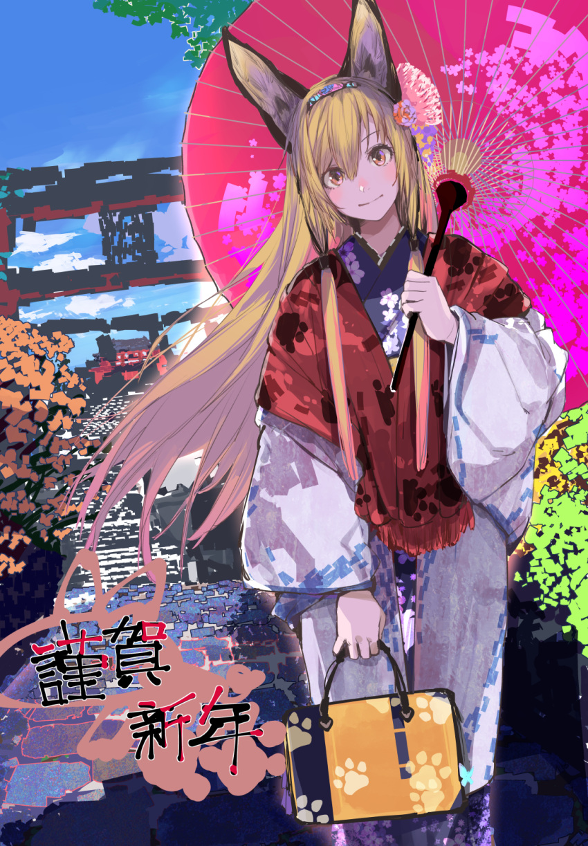 1girl animal_ears bag bangs blue_kimono character_request closed_mouth commentary_request day floral_print fox_ears fringe hair_between_eyes hair_over_shoulder hand_up handbag head_tilt highres holding holding_bag holding_umbrella japanese_clothes kimono kiriyama long_hair long_sleeves looking_at_viewer orange_eyes orange_hair oriental_umbrella original outdoors over_shoulder paw_print_pattern pink_umbrella print_kimono print_umbrella red_scarf scarf sidelocks smile solo translation_request umbrella