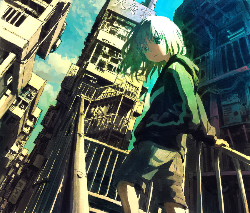 1girl blue_sky building calligraphy_brush_(medium) clouds grey_eyes grey_hair hand_in_pocket hood hoodie long_hair looking_at_viewer millipen_(medium) original railing shorts sky smile tokunaga_akimasa traditional_media white_hair