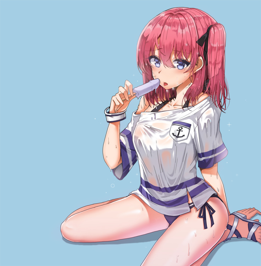 1girl anchor_print bangs bikini black_ribbon blue_background blue_eyes blush breasts closers eyebrows_visible_through_hair food hair_between_eyes hair_ribbon hand_up highres holding holding_food lhu_(barappra1) looking_at_viewer medium_breasts off-shoulder_shirt off_shoulder open_mouth pink_hair popsicle purple_bikini ribbon see-through seulbi_lee shirt side-tie_bikini side_ponytail sidelocks simple_background sitting solo swimsuit wariza wet wet_clothes wet_shirt wristband