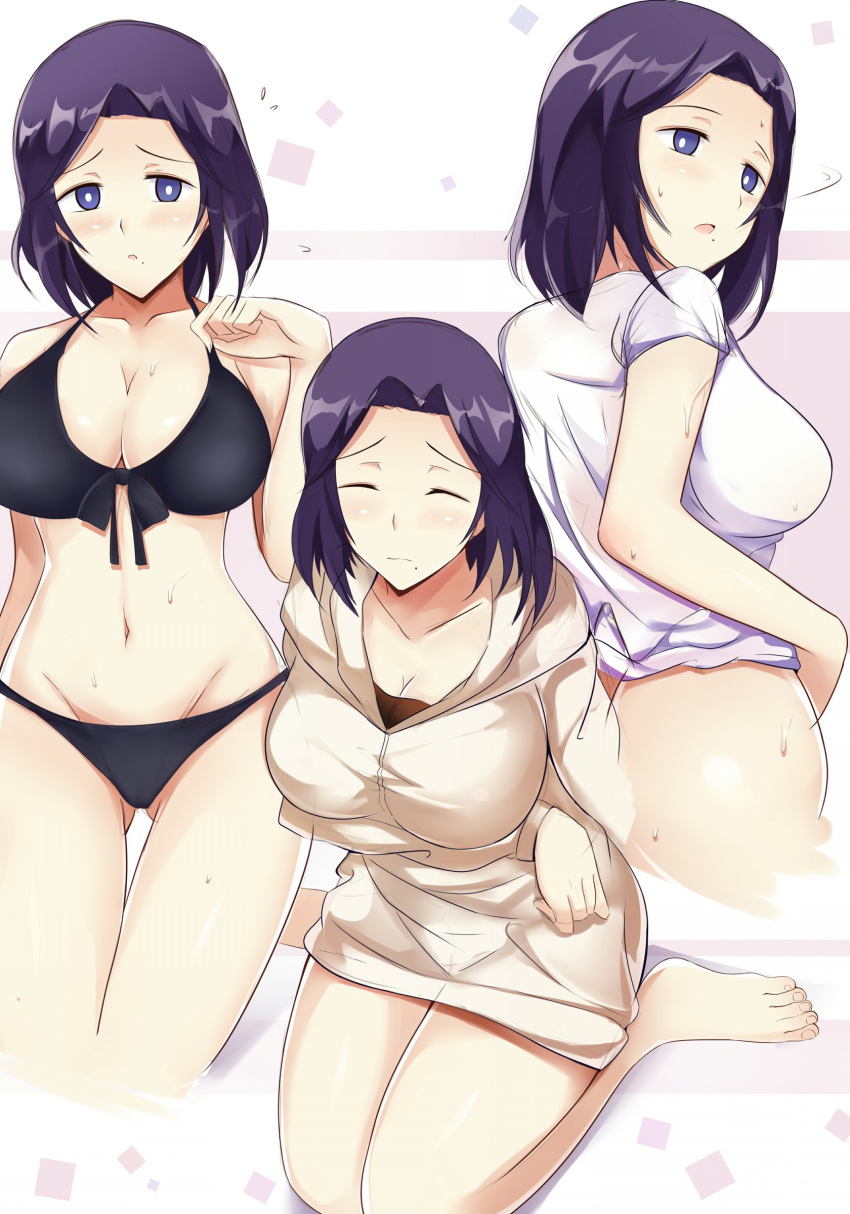 1girl absurdres bikini black_bikini blush breasts cleavage closed_eyes collarbone commentary_request front-tie_bikini front-tie_top highres large_breasts looking_at_viewer mole mole_under_mouth morioka_moriko multiple_views navel netojuu_no_susume otono_fei purple_hair short_hair smile swimsuit violet_eyes