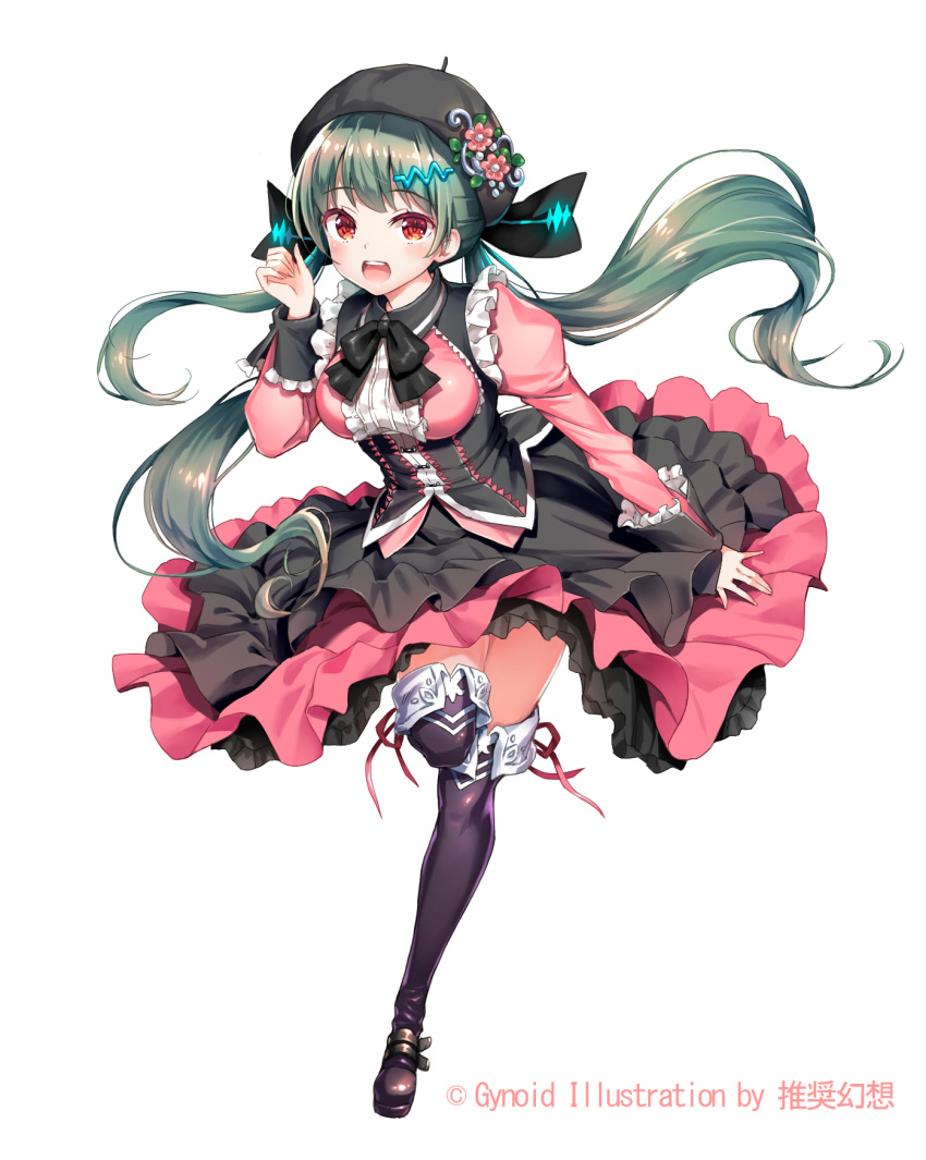 1girl artist_name black_bow black_hat black_legwear bow bowtie floating_hair flower green_hair hair_between_eyes hair_ornament hat highres layered_skirt long_hair low_twintails one_leg_raised open_mouth pink_flower red_eyes red_ribbon ribbon shiny shiny_clothes simple_background solo standing standing_on_one_leg suishougensou thigh-highs twintails very_long_hair vocaloid white_background xin_hua