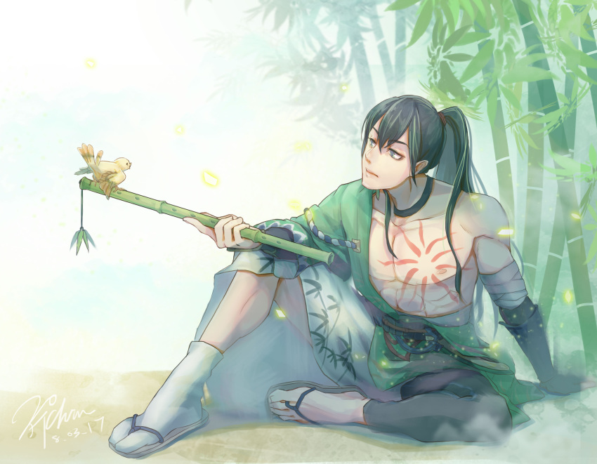 1boy 20chinn abs absurdres artist_name bamboo bamboo_forest bandage bird black_hair dated flute forest green_eyes highres instrument japanese_clothes kimono leaf long_hair male_focus mannendake_(onmyoji) nature onmyoji ponytail sandals shirtless sitting solo tattoo