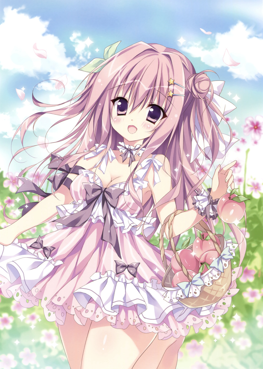 1girl absurdres basket blush bow breasts brown_eyes brown_hair cherry_blossoms cleavage clouds collarbone day dress flower food frilled_dress frills fruit green_bow green_ribbon hair_bow hair_ornament hair_ribbon hairclip herurun highres leaf long_hair looking_at_viewer medium_breasts neck_garter one_leg_raised open_mouth original peach pink_eyes purple_bow ribbon scan solo star star_hair_ornament striped striped_dress too_many too_many_frills white_bow white_ribbon wrist_cuffs