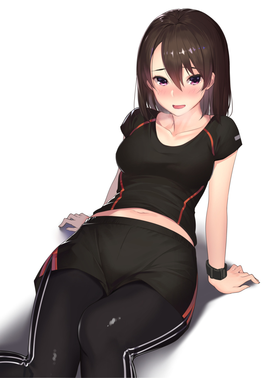 1girl :o arms_behind_back black_pants black_shirt black_shorts blush breasts breath brown_hair full-face_blush hair_between_eyes highres kagematsuri leaning_back looking_at_viewer medium_breasts midriff navel open_mouth original pants shirt shorts simple_background smile solo track_pants violet_eyes watch watch white_background