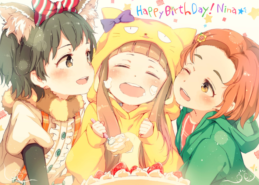 3girls akagi_miria animal_ears animal_hood bangs blunt_bangs blush_stickers bow brown_eyes brown_hair cake cat_hood clenched_hand closed_eyes commentary_request dog_ears english flower food food_on_face fork fruit gomennasai hair_bow hair_flower hair_ornament holding holding_fork hood hood_down hood_up hoodie ichihara_nina idolmaster idolmaster_cinderella_girls light_brown_hair multiple_girls one_eye_closed open_mouth orange_hair parted_bangs puffy_short_sleeves puffy_sleeves ryuuzaki_kaoru short_sleeves sidelocks sleeves_past_wrists smile strawberry sunflower_hair_ornament