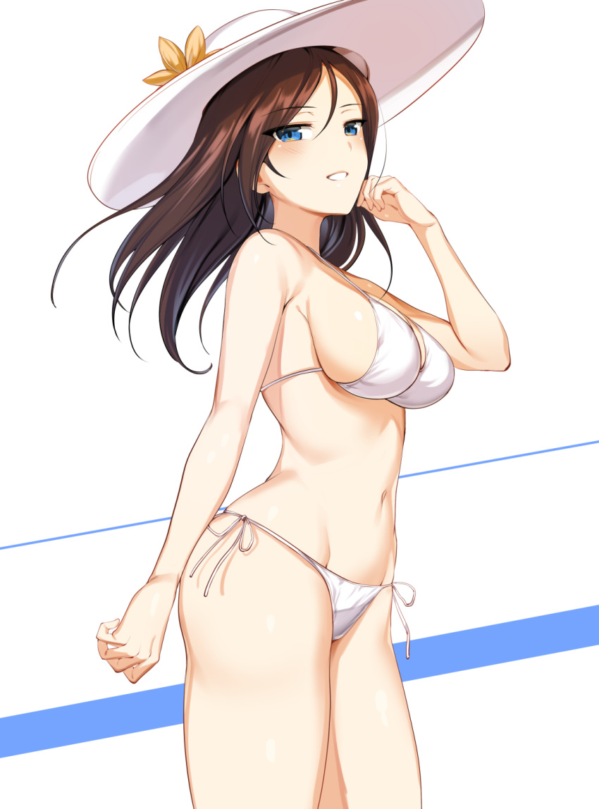 1girl :d arm_at_side bangs bare_arms bare_shoulders bikini black_hair blue_eyes breasts brown_hair cleavage cowboy_shot eyebrows_visible_through_hair flower girls_und_panzer grin hand_on_own_face hat hat_flower highres ikomochi large_breasts long_hair looking_at_viewer navel nonna open_mouth parted_lips side-tie_bikini sideboob smile solo standing stomach sun_hat swept_bangs swimsuit teeth thighs two-tone_background white_bikini