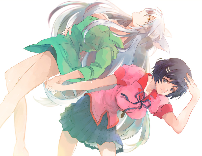 2girls animal_ears black_hair black_hanekawa breasts cat_ears dual_persona green_shirt hair_ornament hairclip hanekawa_tsubasa large_breasts long_hair monogatari_(series) multiple_girls panties parted_lips roso_(ka_kka) shirt short_hair smile underwear violet_eyes white_hair yellow_eyes