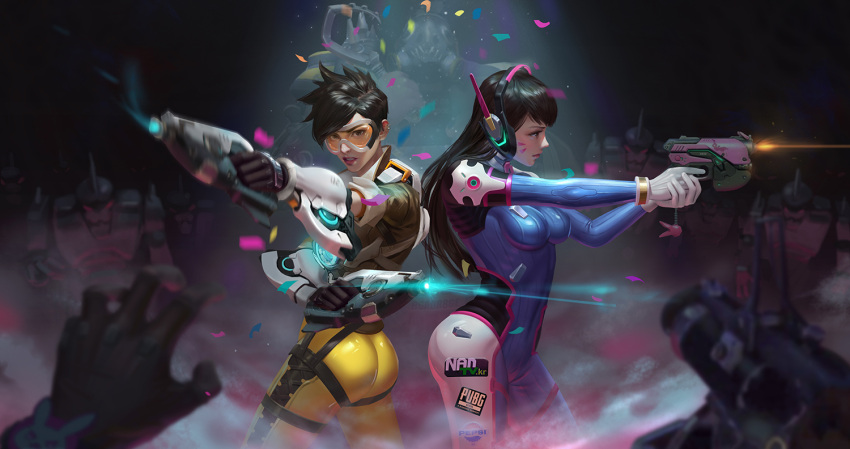 2girls 654696748 ass bangs black_hair blizzard_(company) blurry bodysuit breasts brown_hair cowboy_shot d.va_(overwatch) depth_of_field facepaint facial_mark from_side goggles gun headphones holding holding_gun holding_weapon lips long_hair looking_at_viewer looking_away multiple_girls nose outstretched_arms overwatch pilot_suit realistic roadhog_(overwatch) short_hair skin_tight standing swept_bangs tracer_(overwatch) weapon whisker_markings