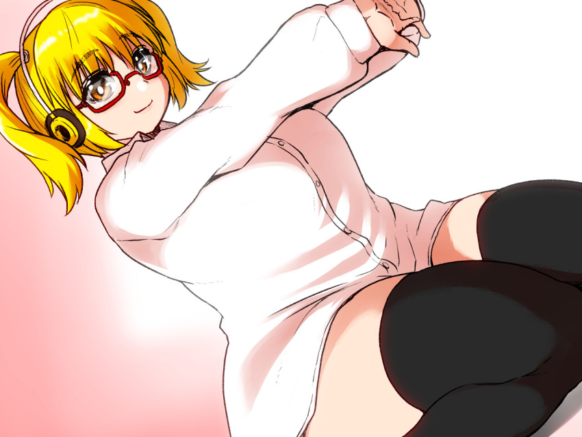 1girl bespectacled black_legwear blonde_hair blush breasts brown_eyes collared_shirt cracking_knuckles curvy glasses headphones isuna large_breasts long_sleeves nitroplus plump semi-rimless_eyewear shirt sitting smile solo stretch super_pochaco thick_thighs thigh-highs thighs twintails twintails_day under-rim_eyewear wariza