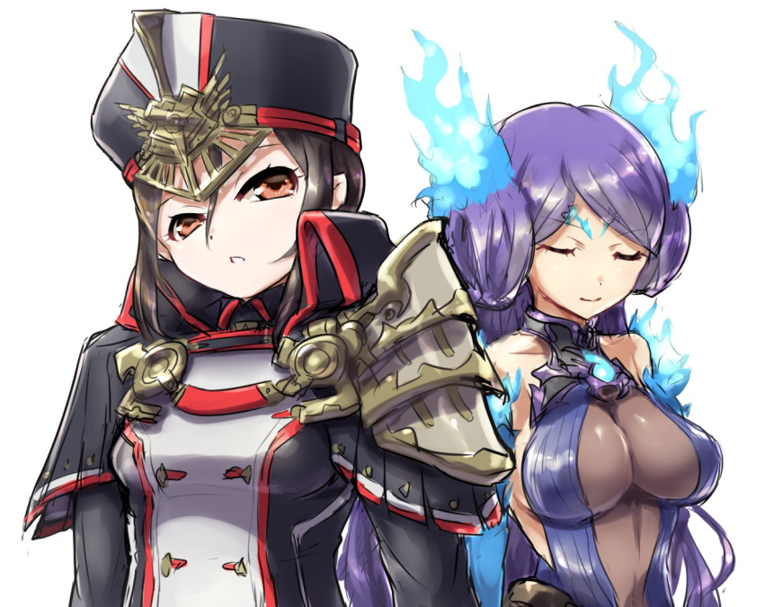 2girls black_hair breasts brown_eyes closed_eyes collarbone fire gloves hat kagutsuchi_(xenoblade) large_breasts long_hair medium_breasts meleph_(xenoblade) military military_hat military_uniform multiple_girls nke_toumi parted_lips pauldrons purple_hair reverse_trap simple_background smile uniform xenoblade xenoblade_2