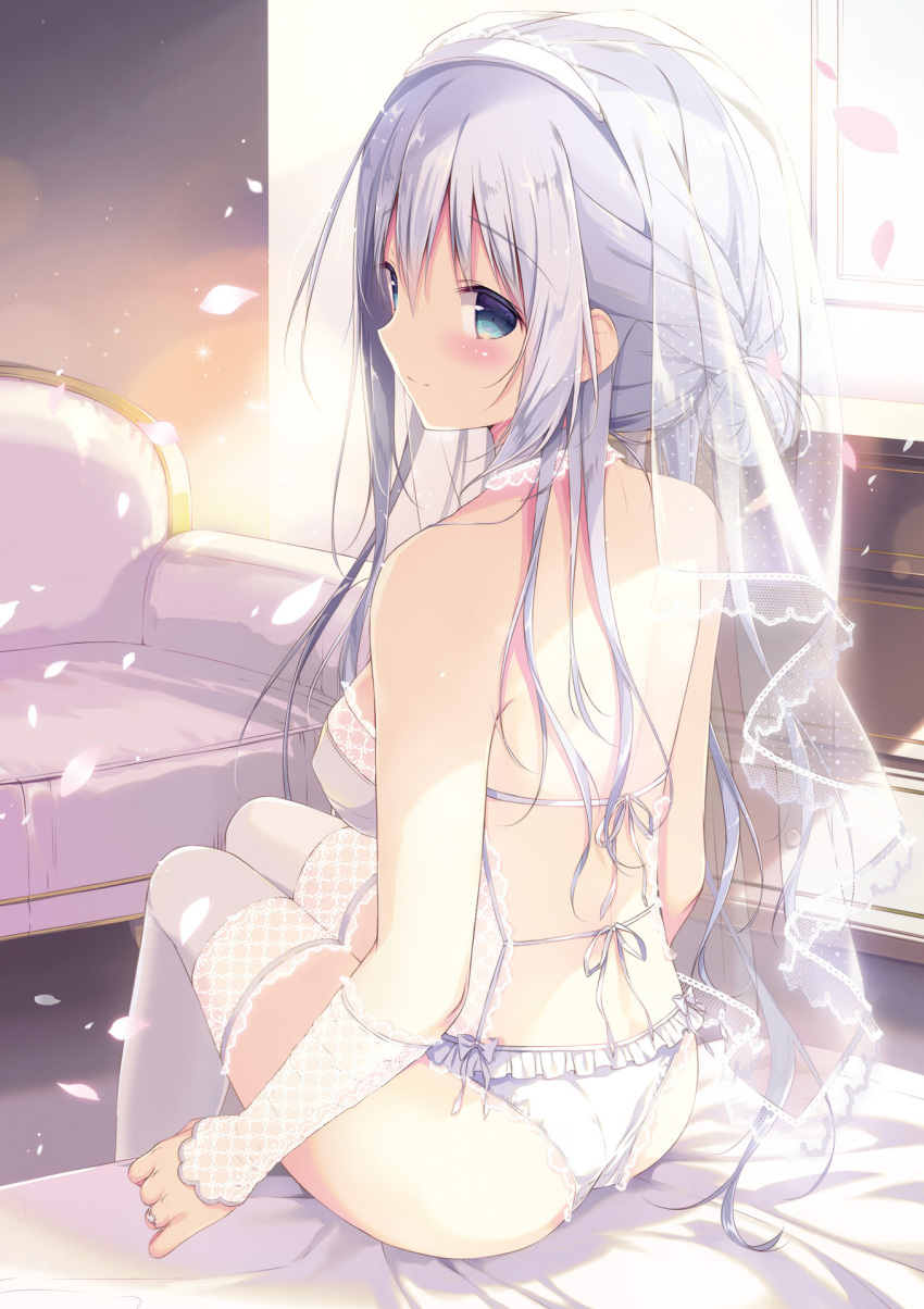 1girl back bangs bare_shoulders bed blue_eyes blush bow bow_panties bra breasts closed_mouth couch dengeki_moeou eyebrows eyebrows_visible_through_hair frilled_panties frills from_behind hair_between_eyes hair_bun highres jewelry jpeg_artifacts lace lace-trimmed_thighhighs legs_together lingerie long_hair looking_at_viewer looking_back medium_breasts on_bed original panties petals purple_hair purple_panties ring scan shiratama_(shiratamaco) sidelocks sitting sitting_on_bed smile solo thigh-highs underwear veil wedding_ring white_bra white_panties
