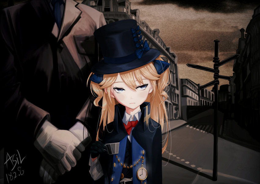 1boy 1girl absurdres asil bangs belt belt_buckle black_gloves black_hat blonde_hair blue_bow blue_eyes blue_neckwear blush bow bowtie buckle building buttons chains cityscape closed_mouth clouds cloudy_sky collared_shirt cross crucifix cup dated formal girls_frontline gloves hair_between_eyes hair_bow hair_ribbon hands_together hat hat_bow head_tilt high_collar highres holding holding_cup intersection long_hair long_sleeves looking_away necktie open_clothes pocket_watch red_bow ribbon road road_sign shirt shorts sidelocks sign signature sky sleeve_cuffs street suit suit_jacket super_shorty_(girls_frontline) teacup top_hat tsurime two_side_up watch white_gloves white_shirt