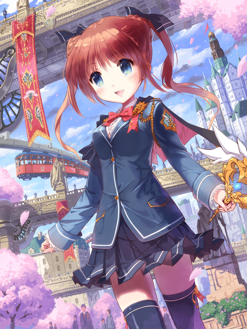 1girl :d absurdres black_legwear blazer blue_eyes blue_sky bow bowtie brown_hair capelet castle cherry_blossoms clouds cloudy_sky commentary_request hair_ribbon highres holding jacket kankurou long_hair looking_at_viewer monorail open_mouth original petals pleated_skirt ribbon school_uniform skirt sky smile solo_focus statue thigh-highs twintails wand zettai_ryouiki