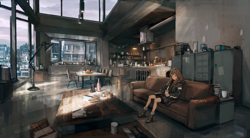 1girl bare_legs brown_hair building chair city cityscape closed_mouth couch cup day drinking_glass food fruit hair_over_shoulder highres holding holding_cup hood hood_down hooded_jacket indoors jacket kitchen living_room lm7_(op-center) long_hair long_sleeves looking_down on_couch open_clothes open_jacket orange_eyes original scenery shirt sitting skirt solo table window