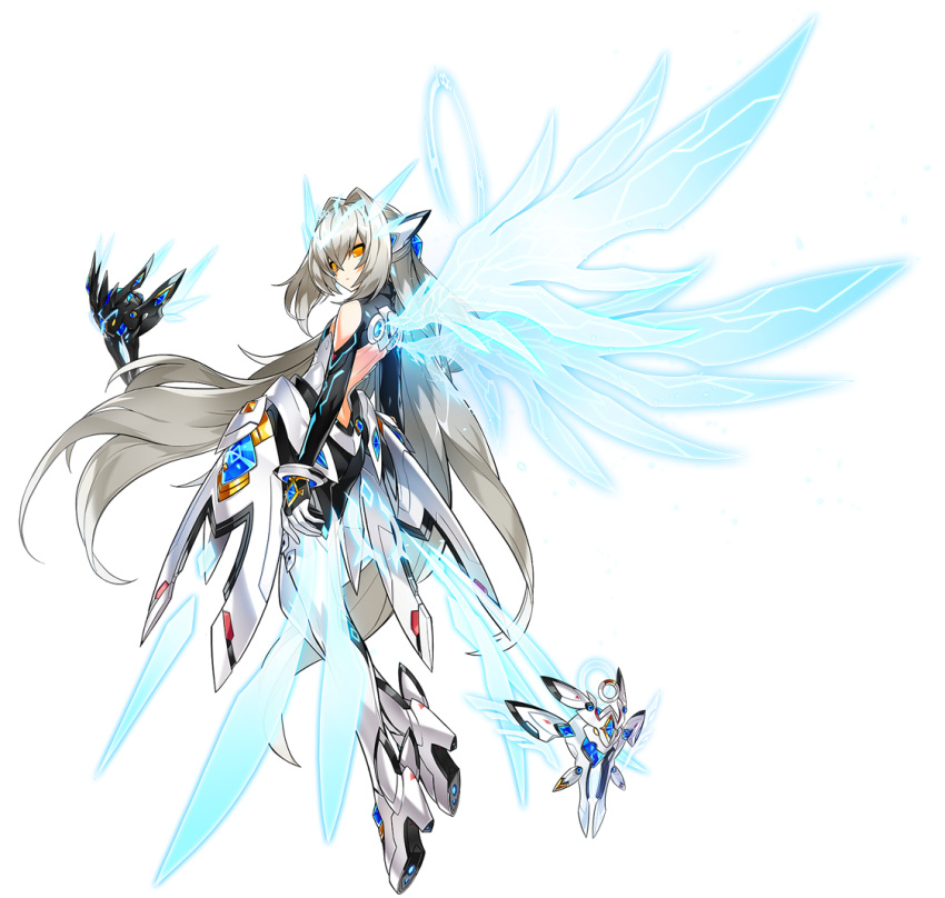 1girl artist_request bangs blue_wings boots code:_sariel_(elsword) elbow_gloves elsword eve_(elsword) expressionless full_body gloves hair_intakes long_hair looking_at_viewer moby_(elsword) official_art remy_(elsword) robot solo white_footwear white_hair wings yellow_eyes