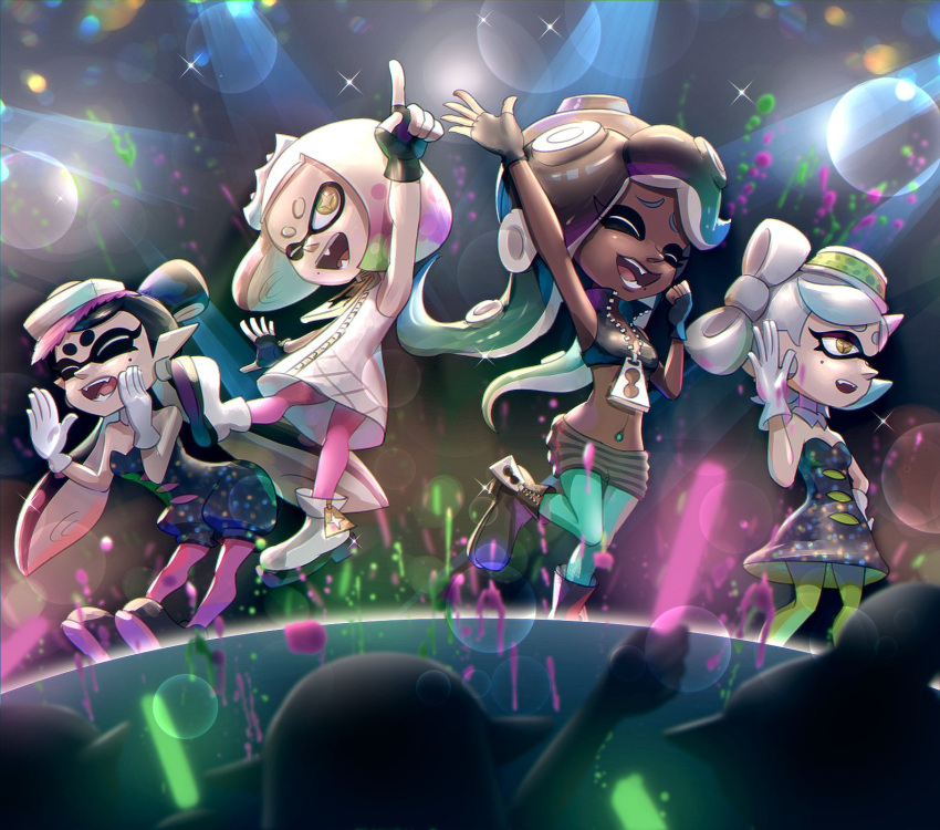 aori_(splatoon) cephalopod_eyes cousins crop_top cropped_vest crown dark_skin detached_collar domino_mask dress gonzarez green_legwear highres hime_(splatoon) hotaru_(splatoon) iida_(splatoon) long_hair makeup mascara mask mole mole_under_eye mole_under_mouth multicolored multicolored_skin navel_piercing octarian pantyhose pantyhose_under_shorts piercing pink_pupils pointy_ears short_jumpsuit splatoon splatoon_1 splatoon_2 strapless strapless_dress suction_cups tentacle_hair zipper zipper_pull_tab