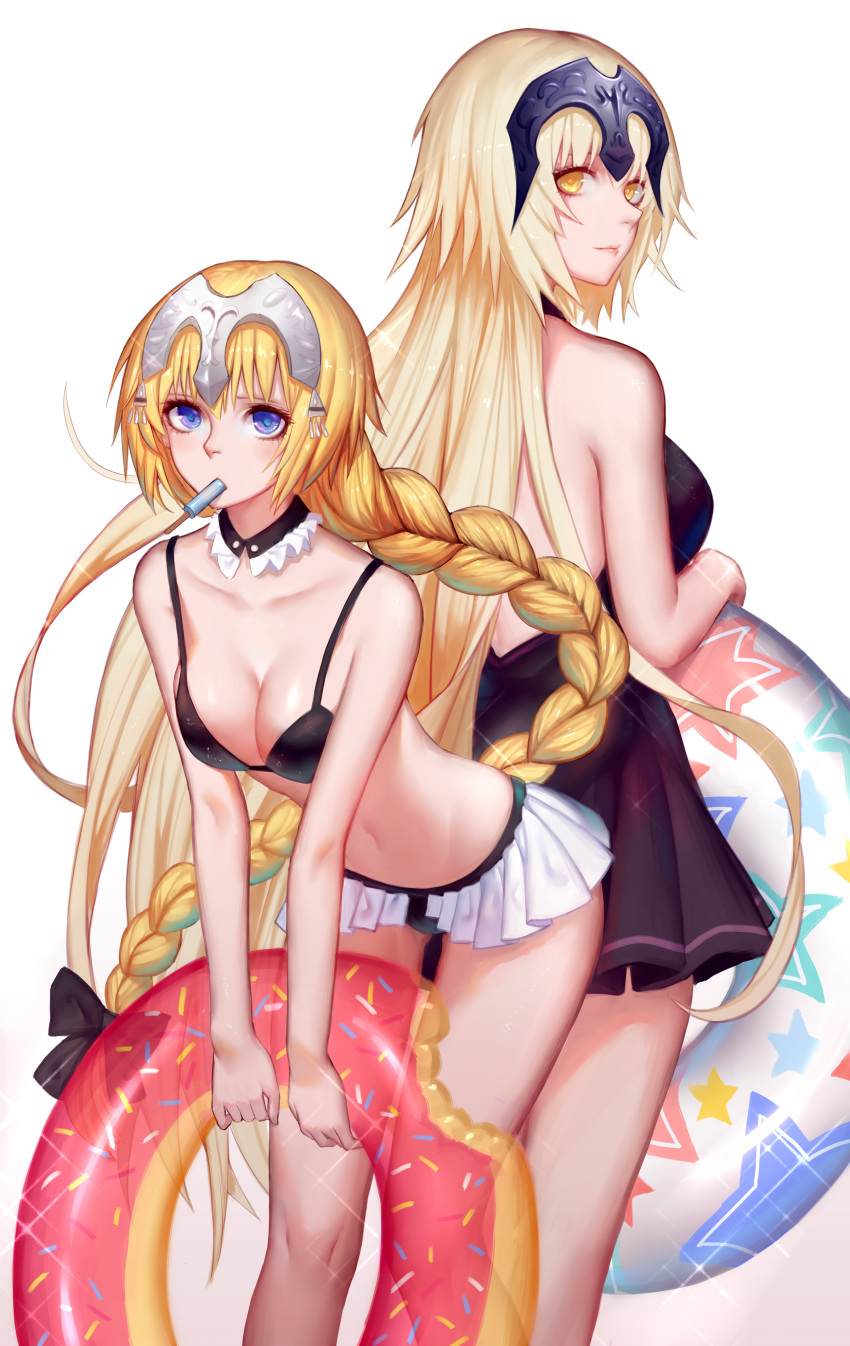 2girls absurdres ass-to-ass bare_shoulders bikini bite_mark black_bikini black_bow black_swimsuit blonde_hair bow braid breasts choker collarbone dress_swimsuit fate/grand_order fate_(series) food frilled_bikini frills hair_bow headpiece highres innertube jeanne_d'arc_(alter)_(fate) jeanne_d'arc_(fate) jeanne_d'arc_(fate)_(all) large_breasts leaning_forward long_hair looking_at_viewer looking_back mouth_hold multiple_girls navel one-piece_swimsuit pink_lips popsicle pre_(17194196) single_braid swimsuit very_long_hair violet_eyes white_background yellow_eyes