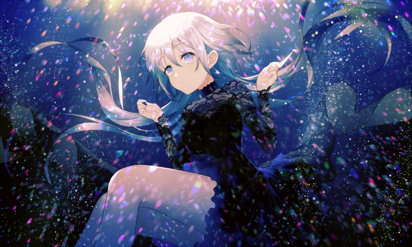 1girl achiki bangs black_dress commentary_request dress floating_hair frilled_dress frills grey_eyes hair_between_eyes hands_up jewelry lace lace-trimmed_dress long_hair long_sleeves looking_at_viewer original parted_lips silver_hair single_earring solo very_long_hair