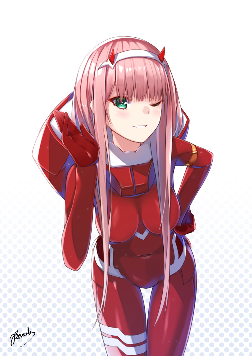 1girl ;d absurdres bangs bee_doushi blunt_bangs blush bodysuit breasts cowboy_shot darling_in_the_franxx foreshortening gradient gradient_background grin hairband hand_on_hip hand_up hanging_breasts highres horns leaning_forward long_hair looking_at_viewer medium_breasts one_eye_closed open_mouth pink_hair polka_dot polka_dot_background red_bodysuit shiny shiny_hair sidelocks signature skin_tight smile solo standing straight_hair teeth thigh_gap tsurime white_hairband zero_two_(darling_in_the_franxx)