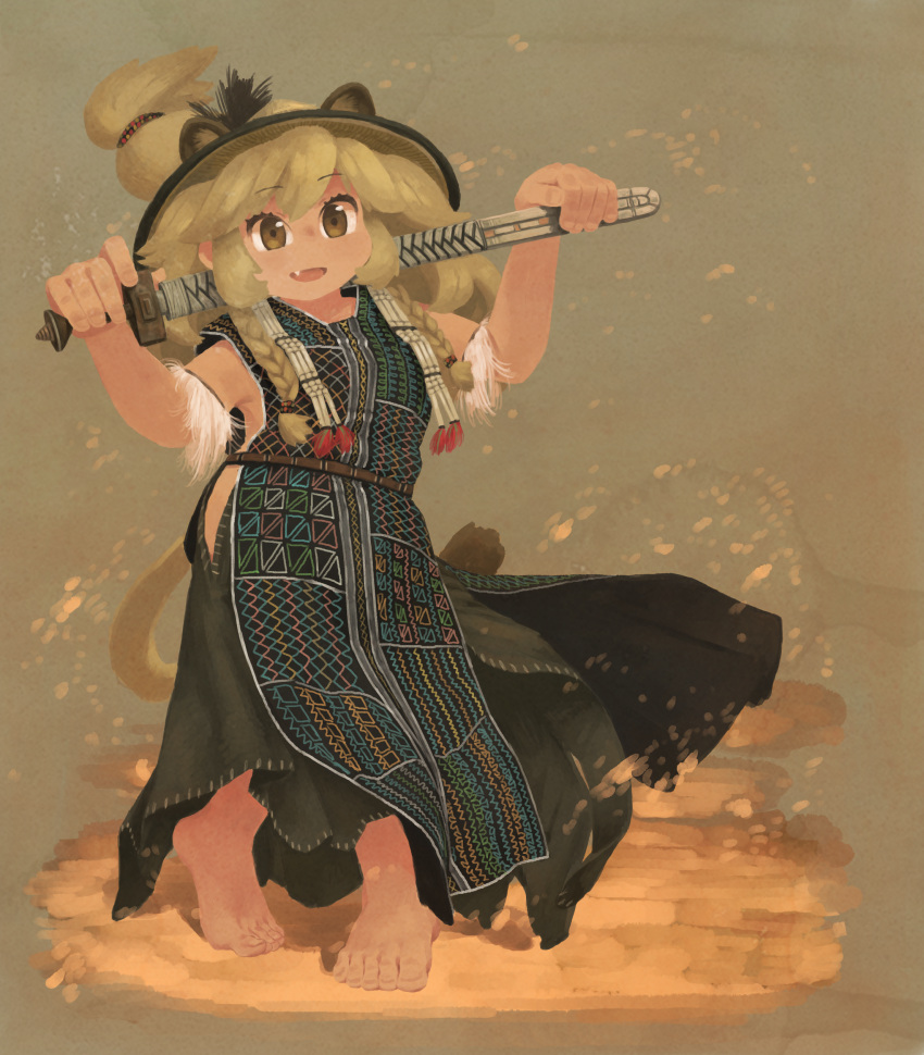 1girl absurdres alternate_costume animal_ears armlet armpits barefoot beyu blonde_hair braid brown_eyes extra_ears eyebrows_visible_through_hair fang full_body hands_up hat highres holding holding_sword holding_weapon kemono_friends lion_(kemono_friends) lion_ears lion_tail long_hair looking_at_viewer open_mouth over_shoulder sand side_cutout sleeveless smile solo standing sword tagme tail traditional_clothes twin_braids weapon weapon_over_shoulder wind