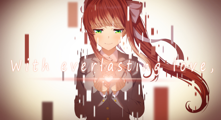 1girl bangs blazer blush bow brown_hair closed_mouth collared_shirt doki_doki_literature_club eyebrows_visible_through_hair glitch green_eyes hair_bow half-closed_eyes heart highres jacket long_hair long_sleeves looking_down monika_(doki_doki_literature_club) neck_ribbon nyangvh ponytail red_ribbon ribbon school_uniform shirt sidelocks simple_background smile solo spoilers upper_body vignetting white_background white_bow white_shirt wing_collar