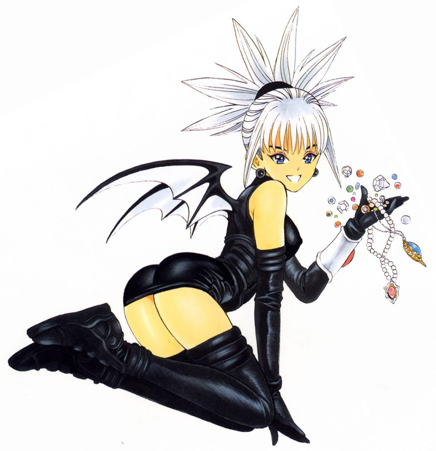 1girl ass bat_wings black_gloves black_legwear blue_eyes diamond earrings elbow_gloves full_body gem gloves grin highres jewelry katsura_masakazu komori_aimi long_hair necklace ponytail shadow_lady simple_background skin_tight smile solo thigh-highs white_background white_hair wings