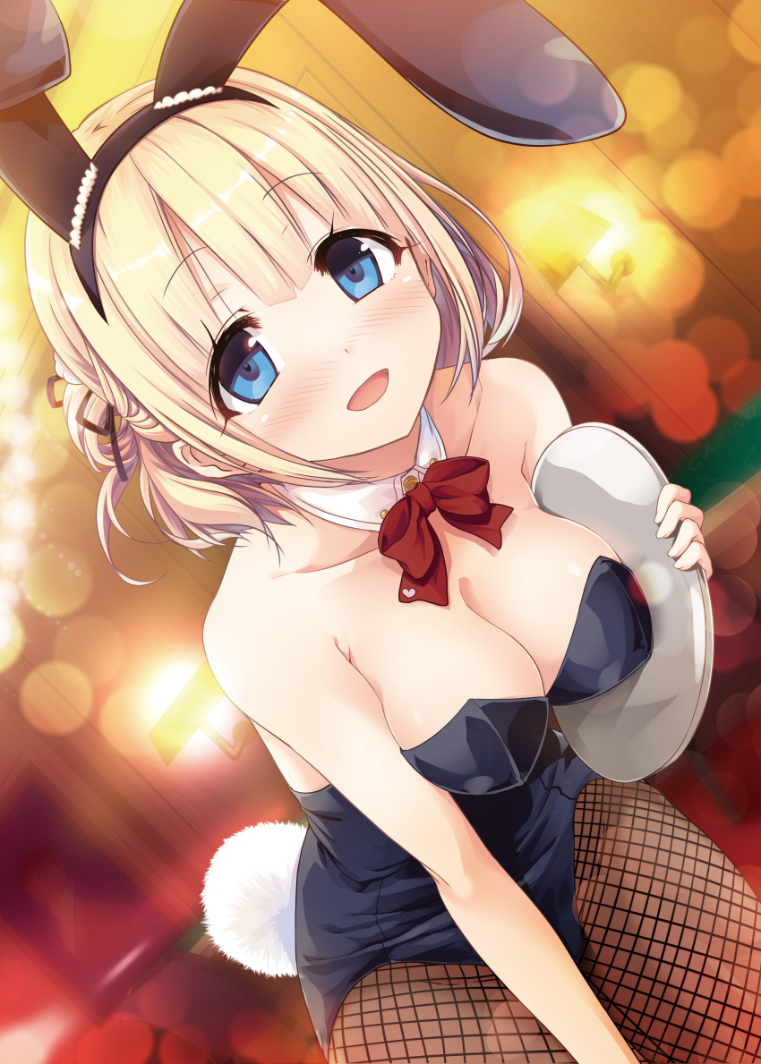 1girl absurdres animal_ears bare_shoulders black_leotard blonde_hair blue_eyes blush bow bowtie breasts bunny_girl bunny_tail bunnysuit cleavage cura detached_collar fake_animal_ears fishnet_pantyhose fishnets hair_ribbon highres hinai_paulette leaning_forward leotard looking_at_viewer maitetsu medium_breasts open_mouth pantyhose rabbit_ears ribbon short_hair smile solo strapless strapless_leotard tail