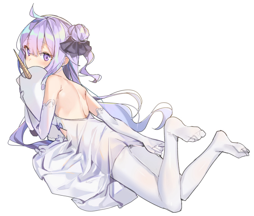 1girl ahoge azur_lane commentary_request doll_hug dress elbow_gloves from_behind gloves hair_bun hair_ribbon kurut long_hair looking_at_viewer looking_back lying on_stomach one_side_up ribbon side_bun simple_background solo stuffed_animal stuffed_pegasus stuffed_toy stuffed_unicorn thigh-highs unicorn_(azur_lane) white_dress white_gloves white_legwear