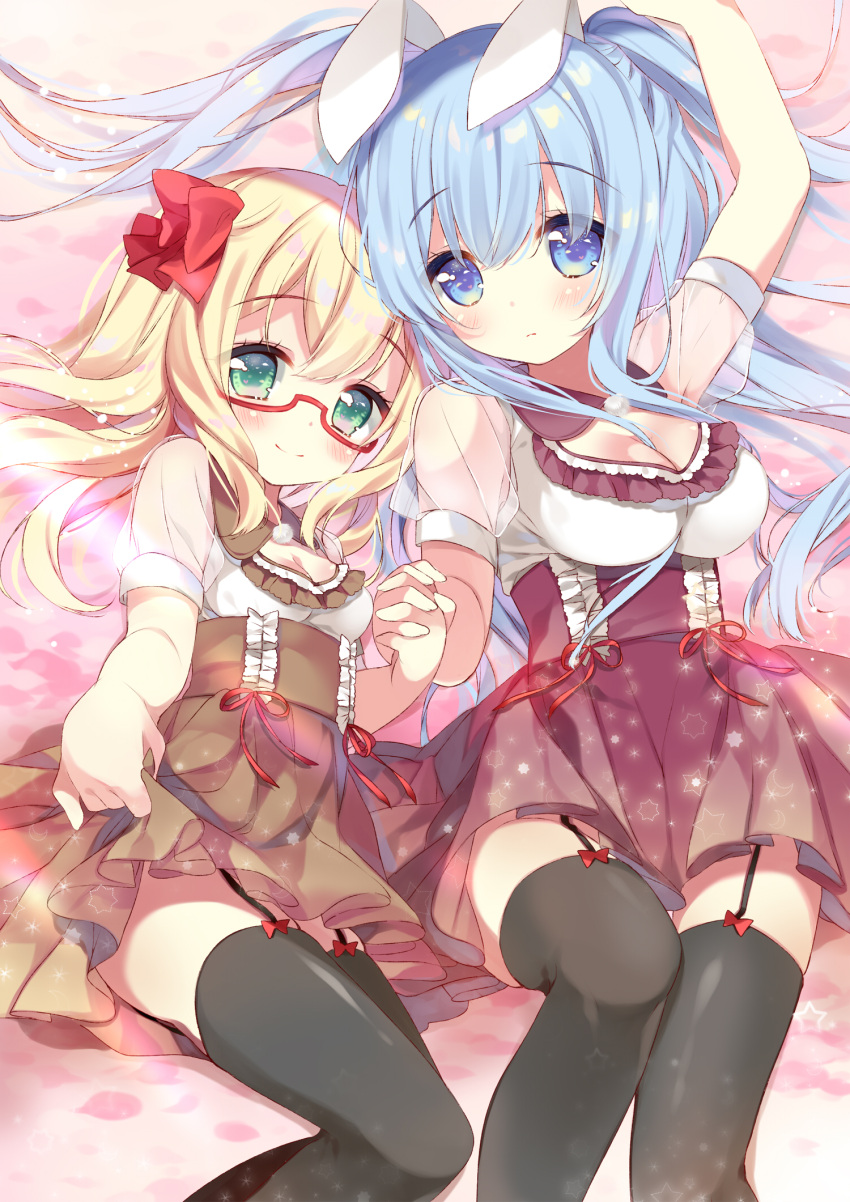 2girls ame_usari animal_ears bangs black_legwear blonde_hair blue_eyes blue_hair blush breasts cleavage cowboy_shot detached_collar eyebrows_visible_through_hair flower from_above garter_straps glasses green_eyes hair_flower hair_ornament hand_holding highres large_breasts legs_together long_hair looking_at_viewer lying matching_outfit multiple_girls on_back original pleated_skirt ponytail rabbit_ears red-framed_eyewear semi-rimless_eyewear short_sleeves skirt skirt_hold smile thigh-highs zettai_ryouiki