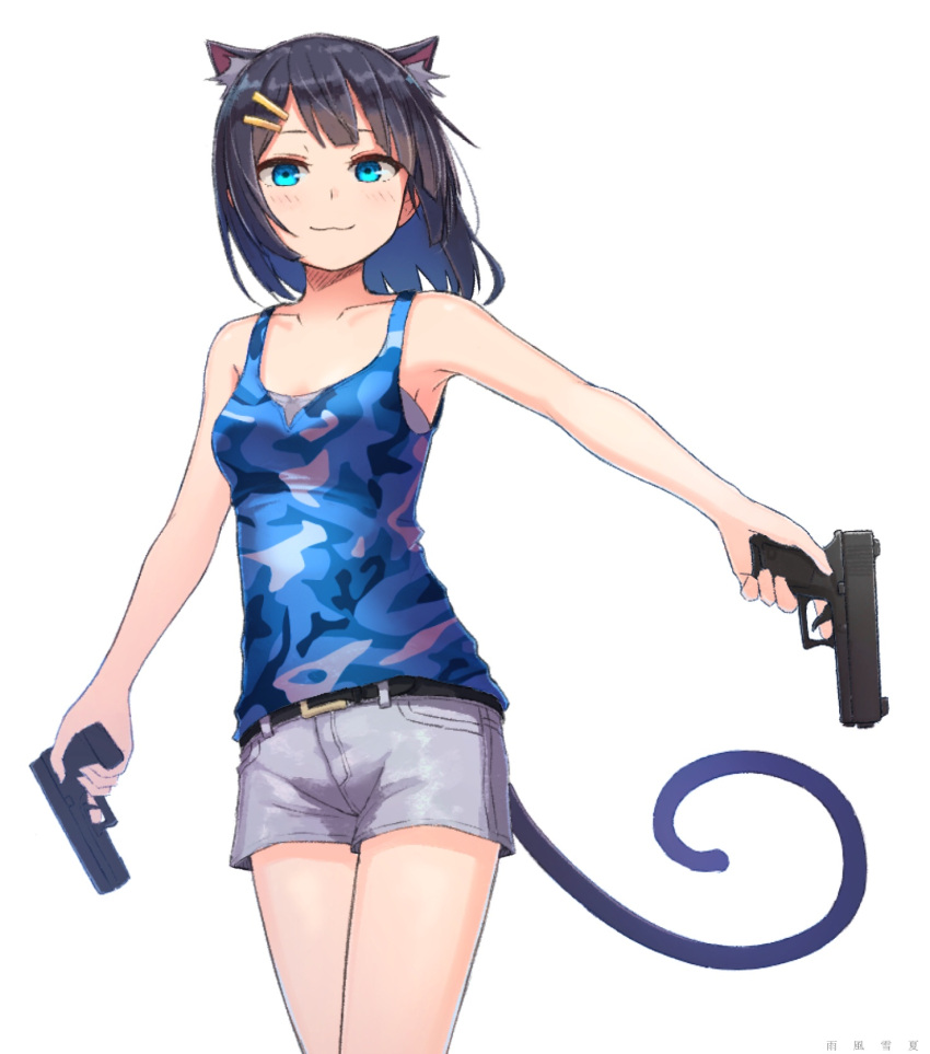 1girl :3 amekaze_yukinatsu animal_ears bangs bare_arms bare_shoulders black_hair blue_eyes blue_tank_top blush camouflage cat_ears cat_girl cat_tail closed_mouth collarbone commentary dual_wielding grey_shorts gun hair_ornament hairclip handgun highres holding holding_gun holding_weapon looking_at_viewer original pistol short_hair short_shorts shorts simple_background solo tail tank_top weapon weapon_request white_background