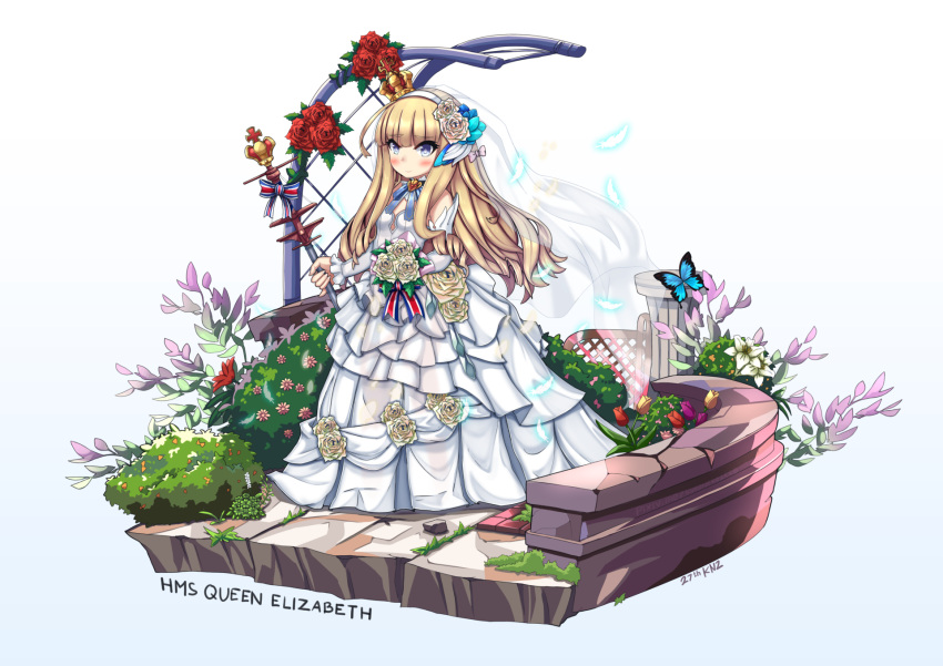 1girl azur_lane blonde_hair blue_eyes bouquet character_name dress drill_hair flower full_body hair_flower hair_ornament hairband highres holding kuronekozero long_hair looking_at_viewer queen_elizabeth_(azur_lane) rose scepter solo wedding_dress white_dress